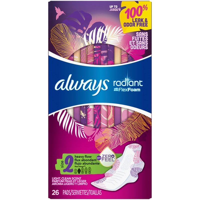 Always Radiant Heavy Flow Sanitary Pads Light Clean Scent With Wings