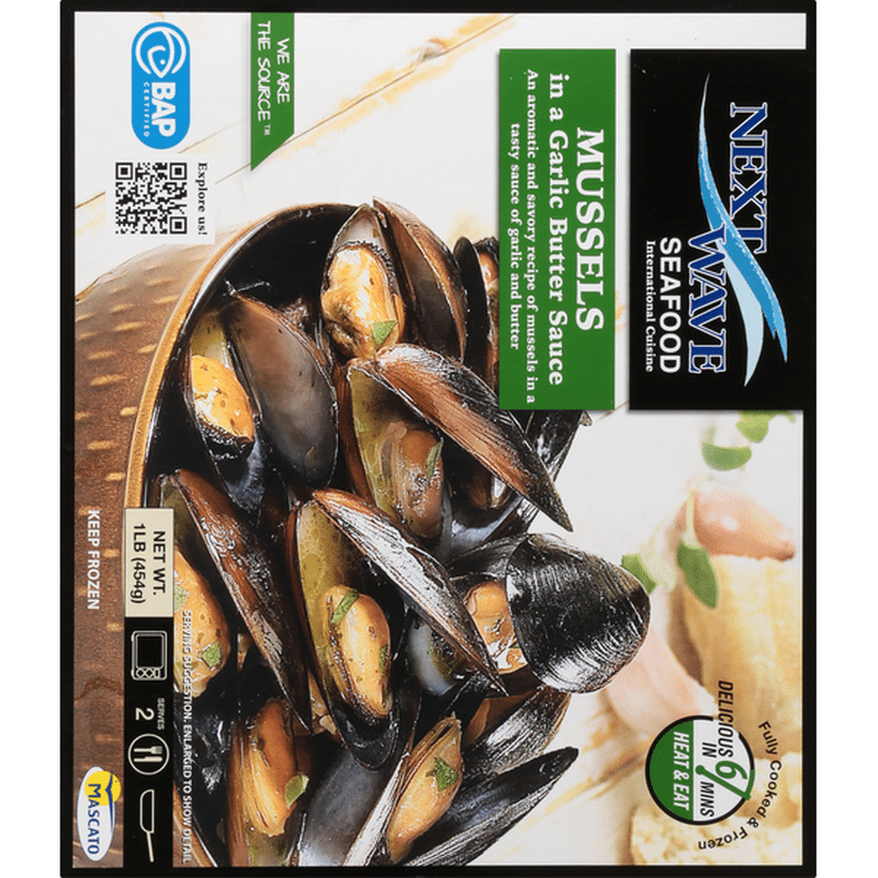 Next Wave Seafood Whole Shell Mussels in a Garlic Butter Sauce, Cooked