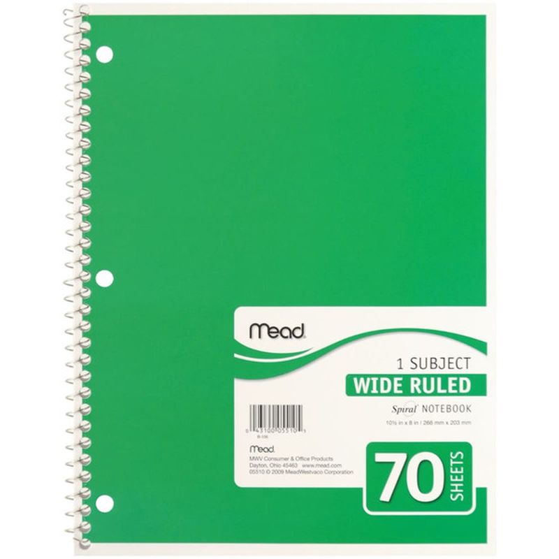 Mead 10" 1 Subject Wide Ruled Spiral Notebook