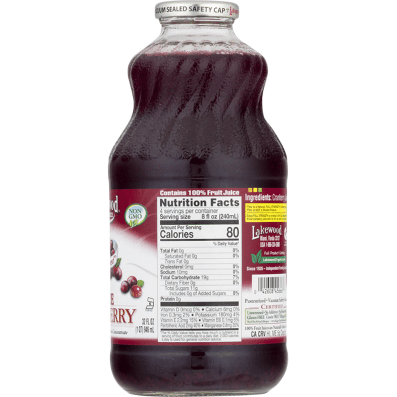 Lakewood Organic 100 Juice, Pure Cranberry, Premium, Bottle (32 oz
