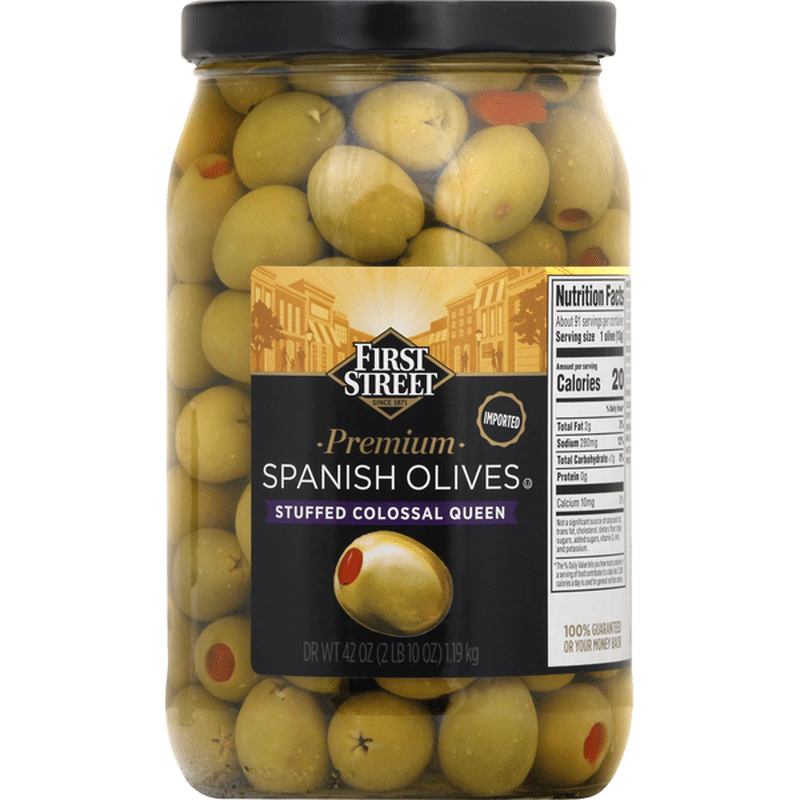 First Street Spanish Olives Premium Stuffed Colossal Queen 42 Oz Instacart