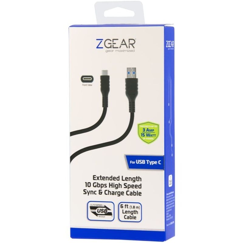 Z Gear 6' Black 10 Gbps Usb To Usb Type C Sync & Charge Cable