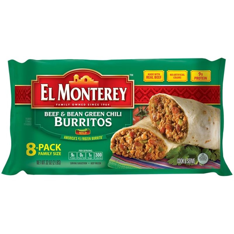 El Monterey Beef & Bean Green Chili Burritos 8 ct Pack (32 oz) from
