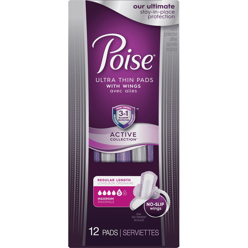 Poise Pads, Ultra Thin, with Wings, 5 Maximum, Regular Length (12 each