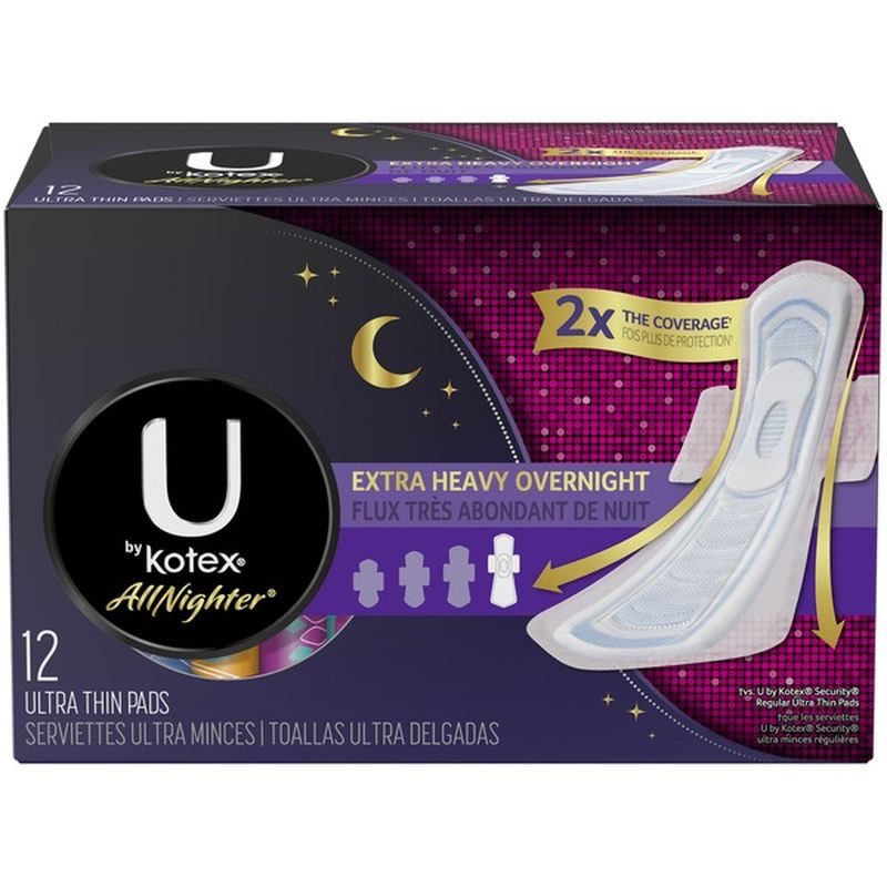 U by Kotex AllNighter Ultra Thin Overnight Pads with Wings, Extra Heavy