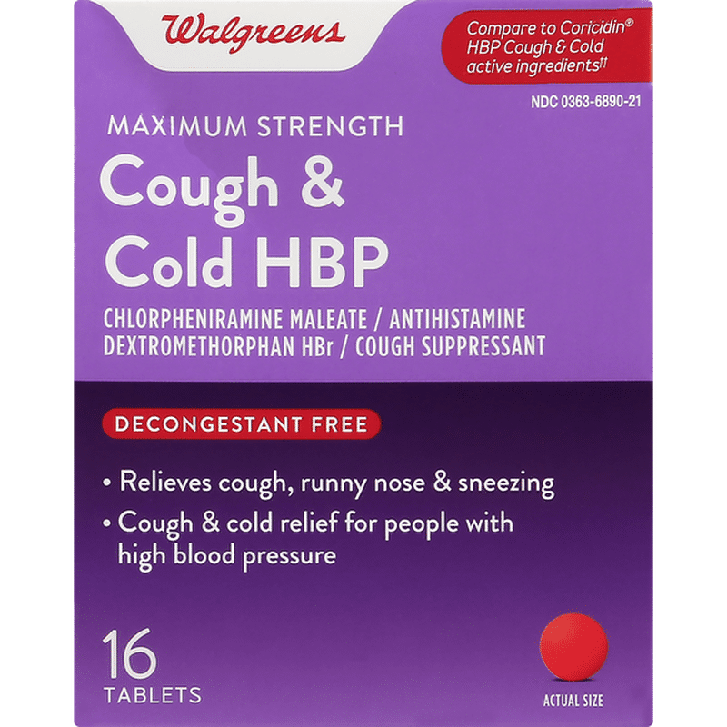 Walgreens Cough & Cold HBP, Maximum Strength, Tablets (16 each) Instacart