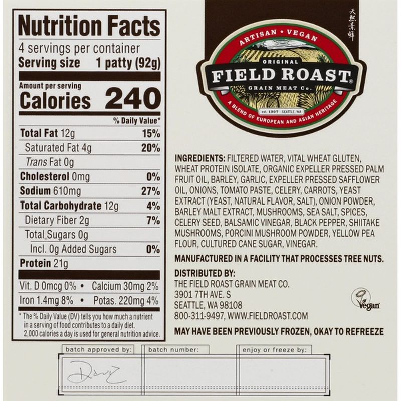 Field Roast Field Burger, Vegan, HandFormed (4 each) Instacart