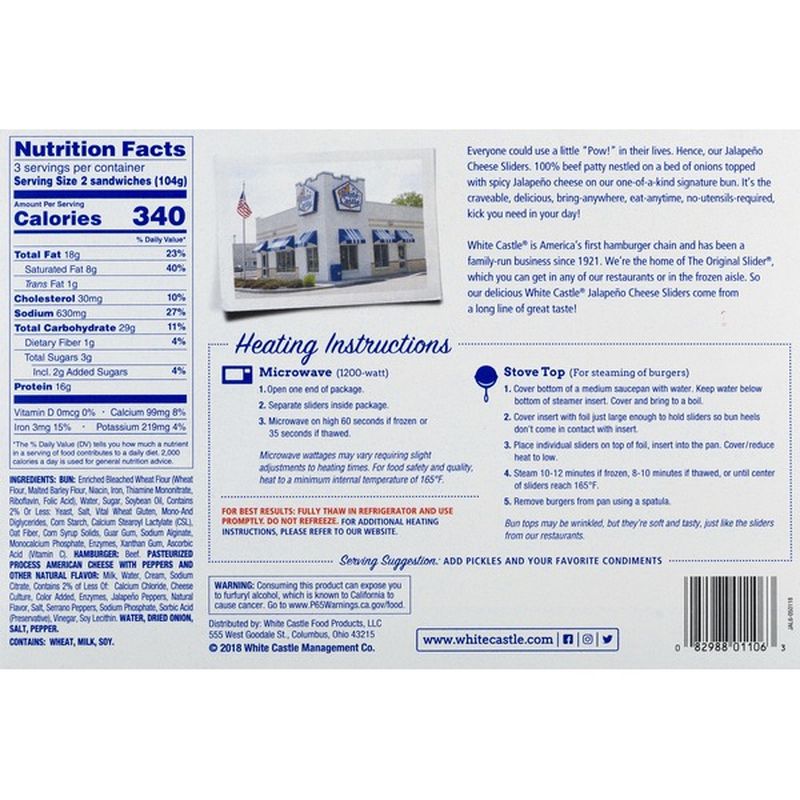white castle jalapeno cheese slider calories