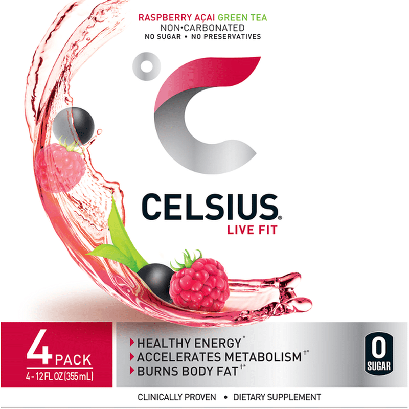 Celsius Energy Drink, Raspberry Acai Green Tea, 4 Pack (4 ct) Instacart