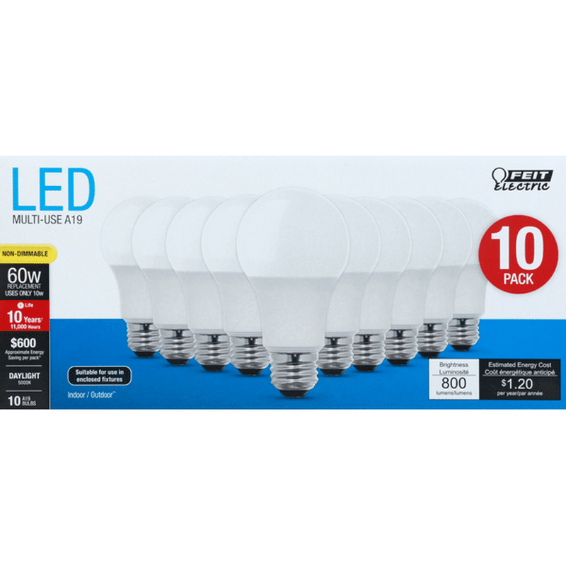 Feit Electric Light Bulbs, LED, Daylight, 10 Watts, 10 Pack (10 each