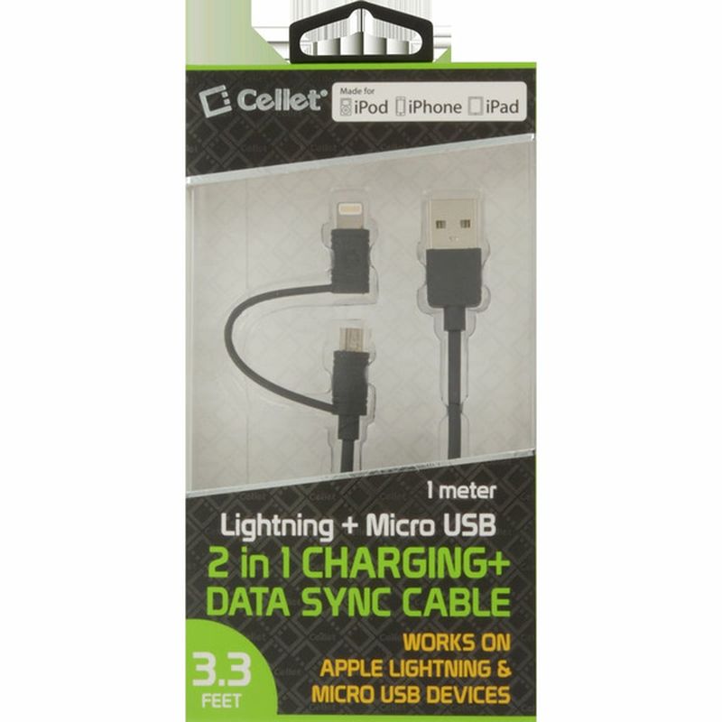 Cellet Black Lightning Micro Usb 2 In 1 Charging + Data Sync Cable