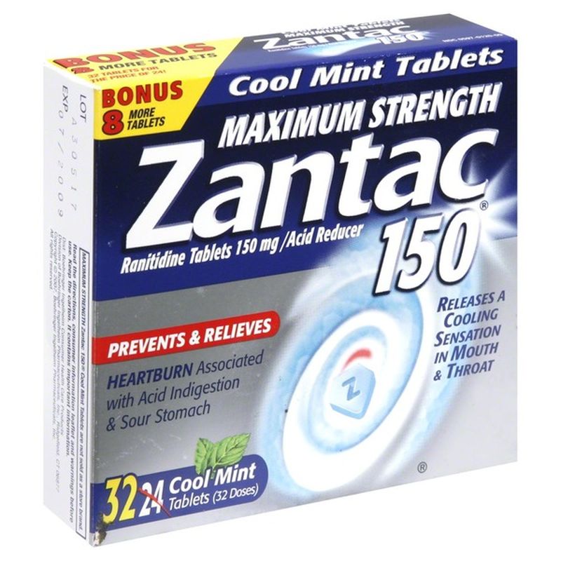 Zantac Acid Reducer, Maximum Strength, 150 mg, Cool Mint Tablets (24 ct