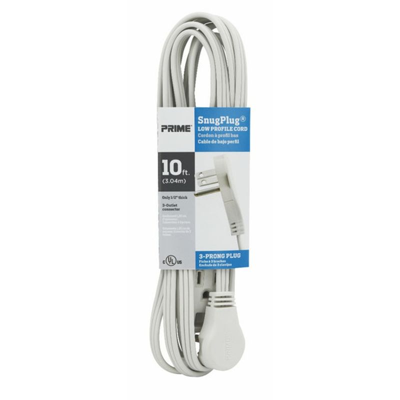 Prime Wire 10' Snug Plug Cable 16/3 SPT 2 3 Outlet Low Profile White Extension Cord