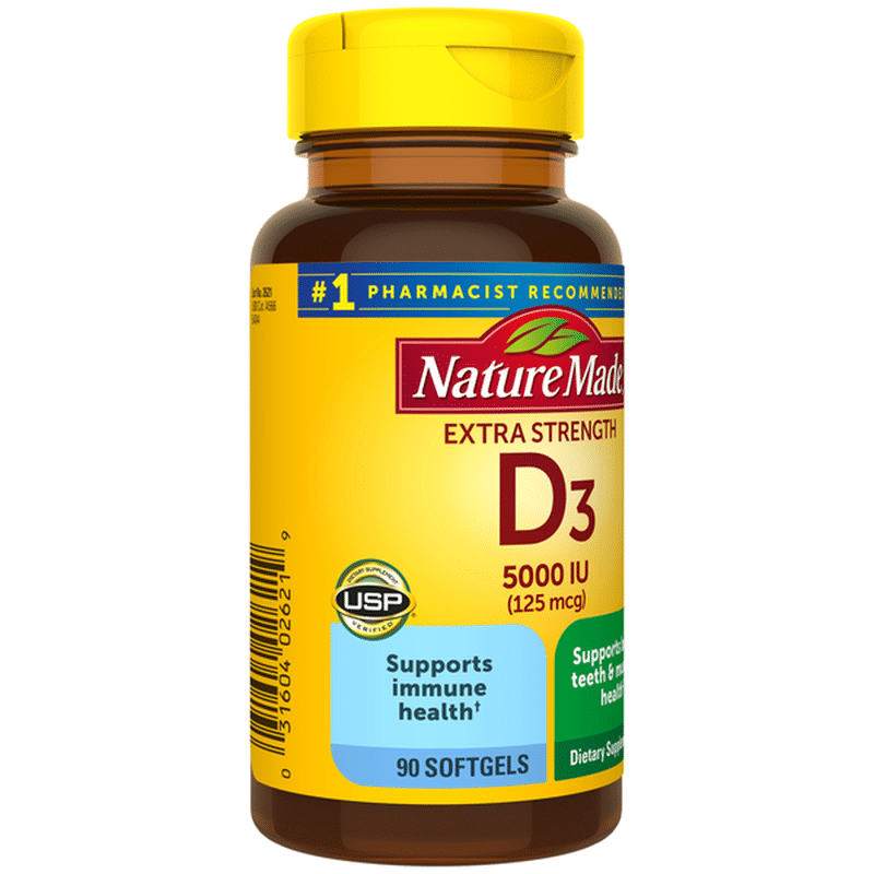 Nature Made Extra Strength Vitamin D3 5000 IU (125 mcg) Softgels (90 ct ...