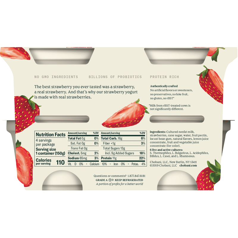 Chobani Yogurt, Greek, Non-Fat, Strawberry, 4 Pack (5.3 oz) - Instacart