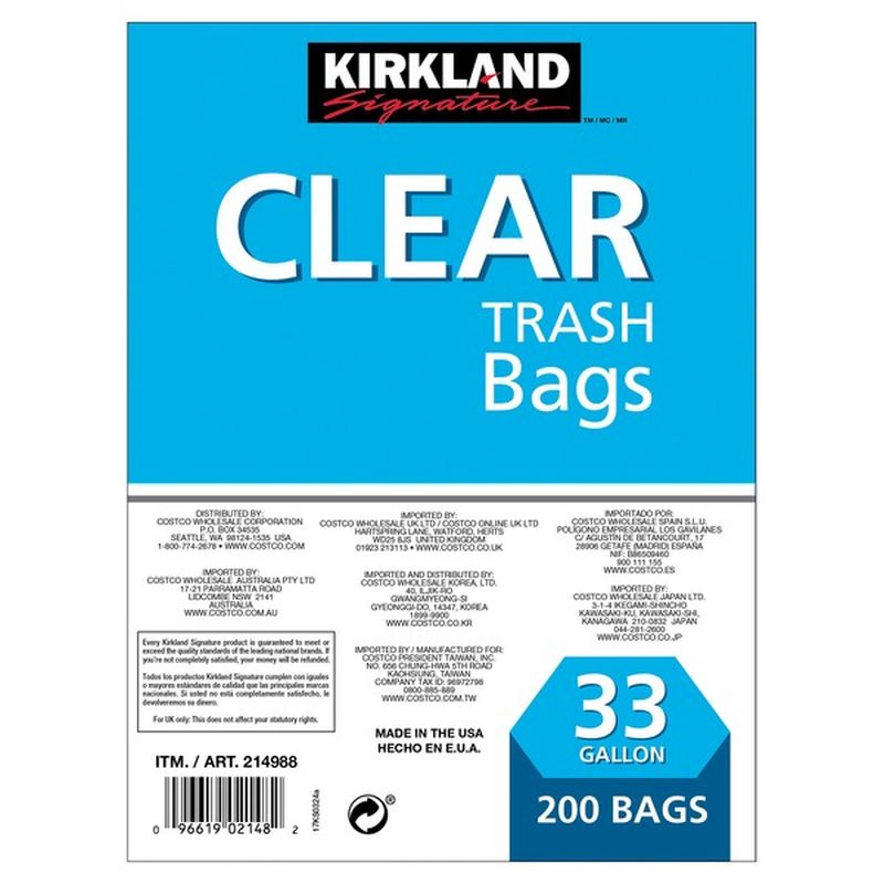Kirkland Signature Clear Trash Bag, 200 x 33 gal (bag, 33 gal) Instacart