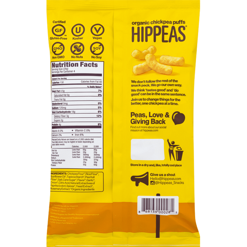 Hippeas Chickpea Puffs, Organic, Nacho Vibes (4 oz) Instacart