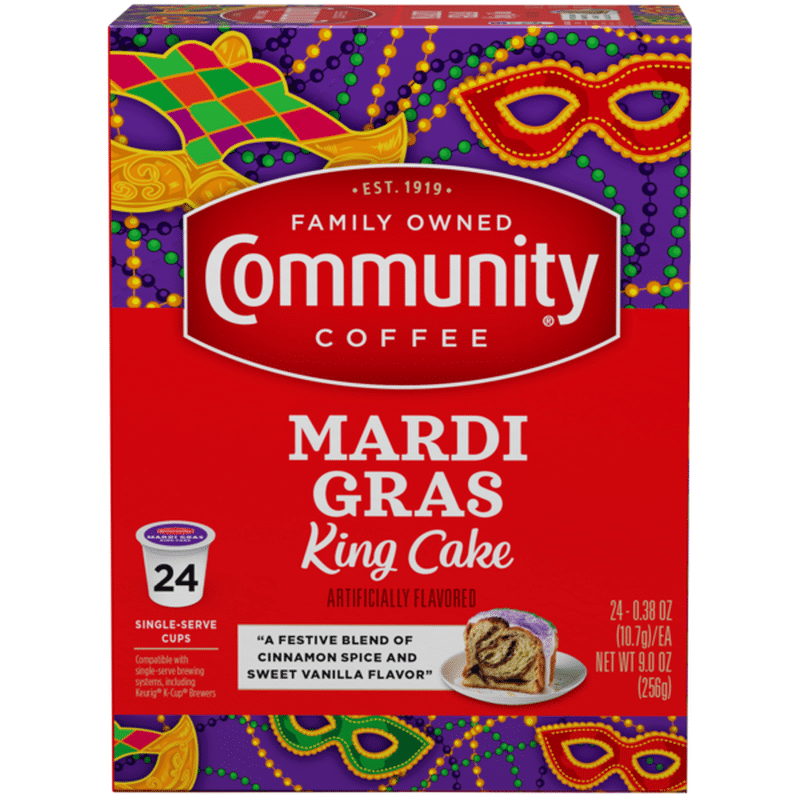 Community Coffee Mardi Gras King Cake Coffee Pods for Keurig Kcups (24