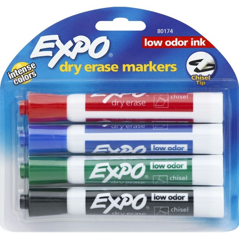 Expo Markers, Dry Erase, Low Odor Ink, Assorted Colors, Chisel Tip (4
