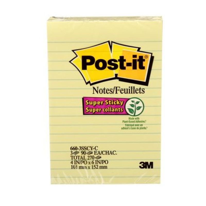 Post-it 4" x 6" Lined Super Sticky Canary Yellow Notes