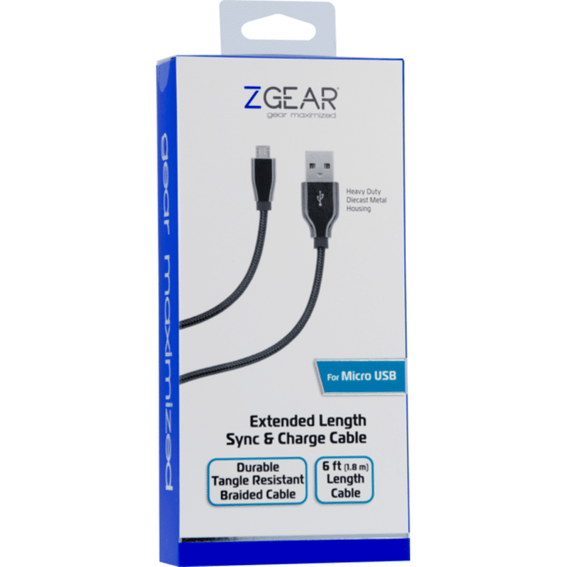 ZGear 6' Extended Length Black Sync & Charge Cable for Micro USB