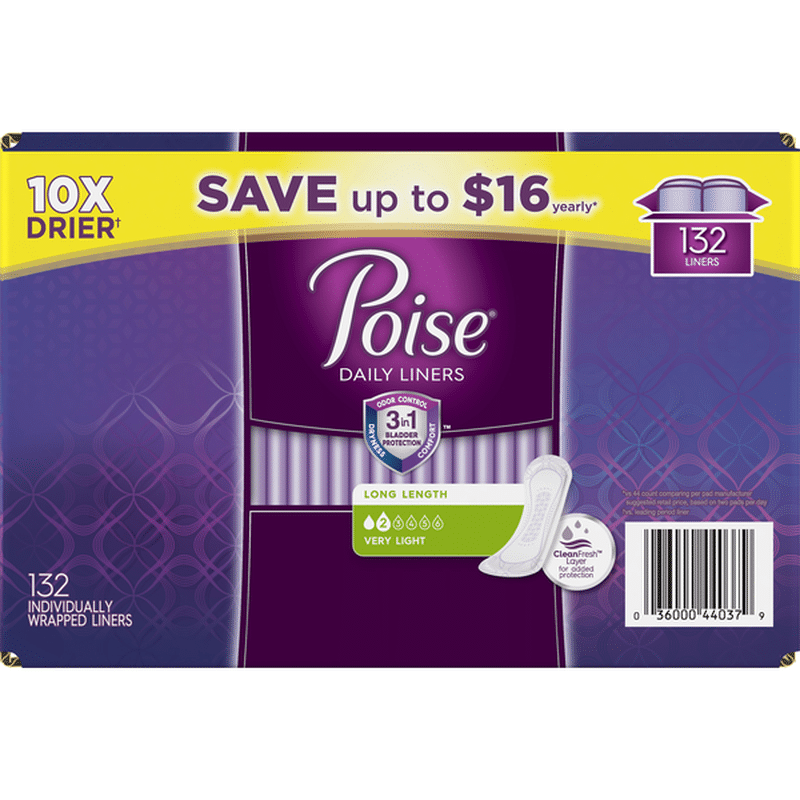 Poise Liners, Daily, Very Light, Long Length (132 each) Instacart