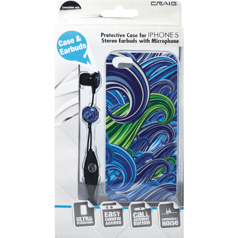 Craig Protective Case for IPhone 5 Stereo Earbuds with Microphone