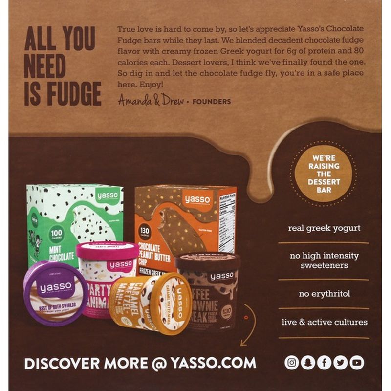 Yasso Frozen Greek Yogurt, Chocolate Fudge Bars, 4 Pack (3.5 fl oz