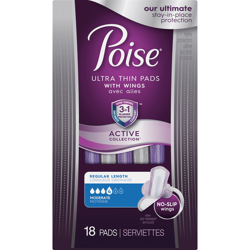 Poise Pads, Ultra Thin, with Wings, 4 Moderate, Regular Length (18