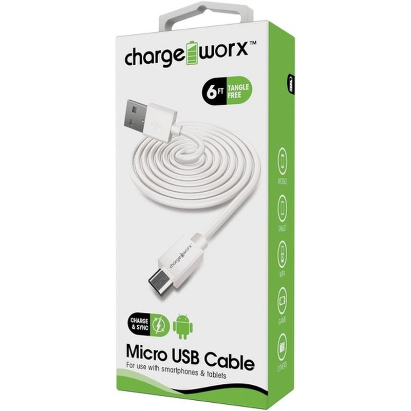 Chargeworx 6' White Android Sync & Charge Micro USB Cable