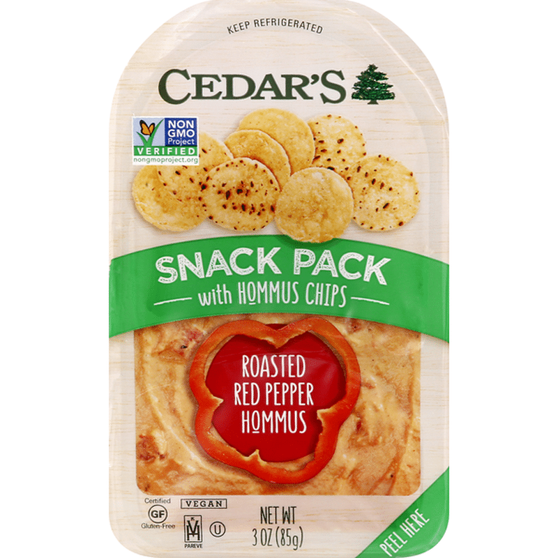 Cedar's. Snack Pack, with Hommus Chips, Roasted Red Pepper Hommus (3 oz