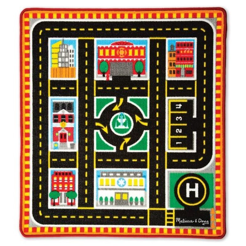 Melissa & Doug 39" x 36" Round the City Rescue Rug With 4 Wooden Vehicles Set