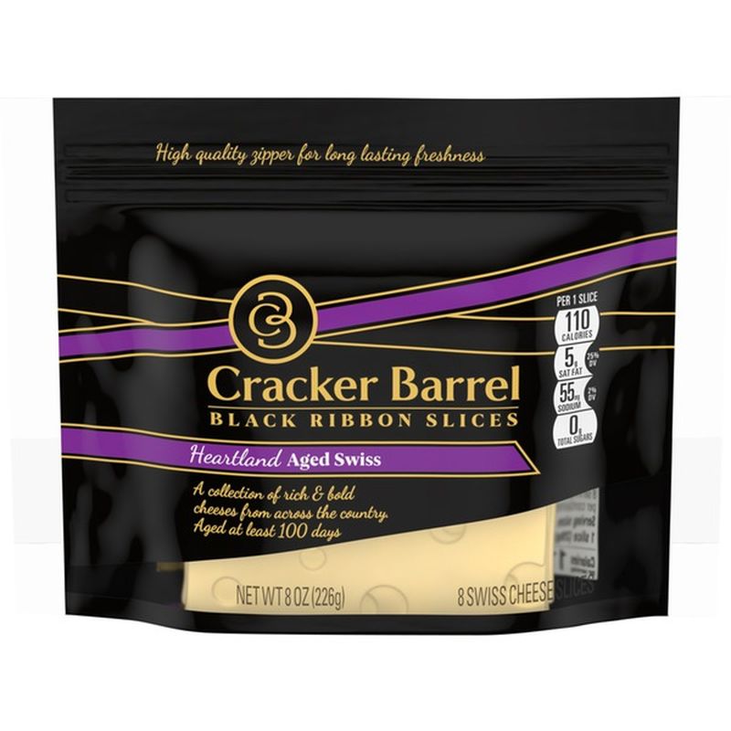 Cracker Barrel Black Ribbon Natural Slices Heartland Aged Swiss Cheese