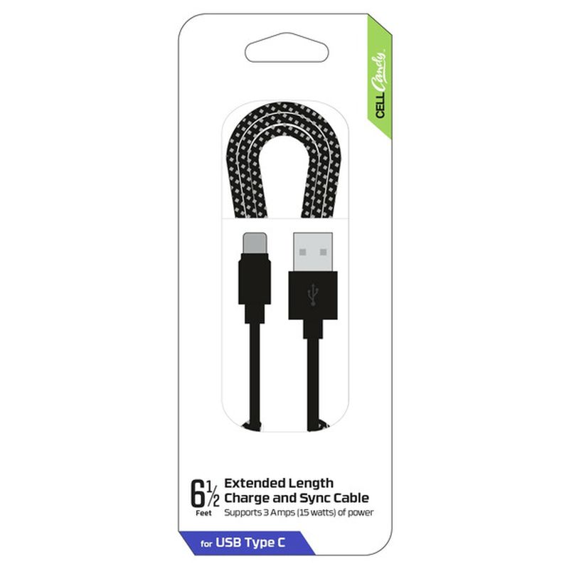 CellCandy 6.5' Black Braided Charge & Sync USB-Type C Cable