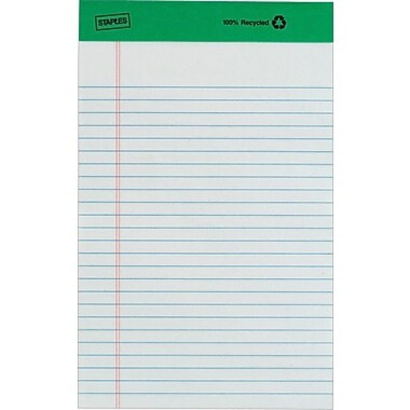 Staples 5" x 8" White Narrow Rule 50 Sheets 100% Recycled Pad