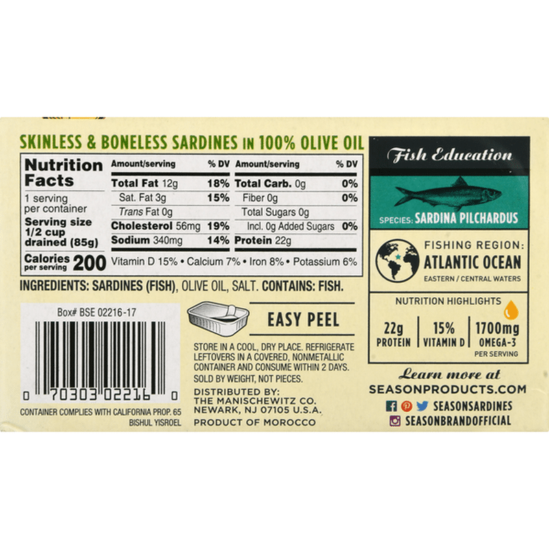 Season Sardines, Skinless & Boneless, in Pure Olive Oil (4.375 oz) from