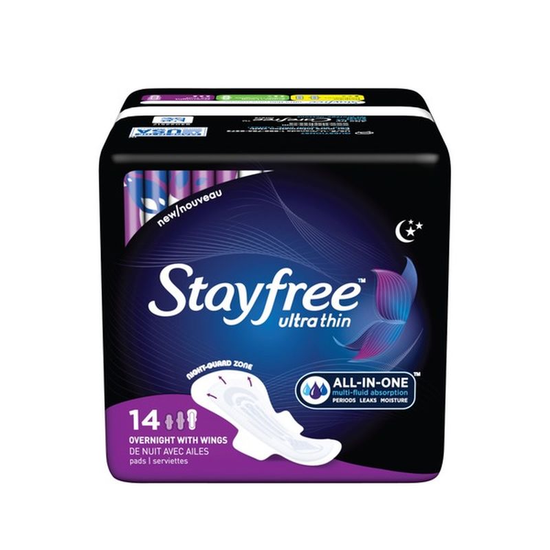 Stayfree Ultra Thin Pads with Wings, Unscented, Overnight (14 ct) from