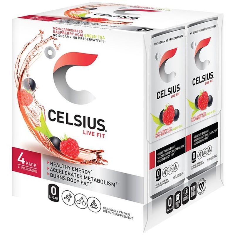 Celsius Energy Drink, Raspberry Acai Green Tea, 4 Pack (4 ct) from The