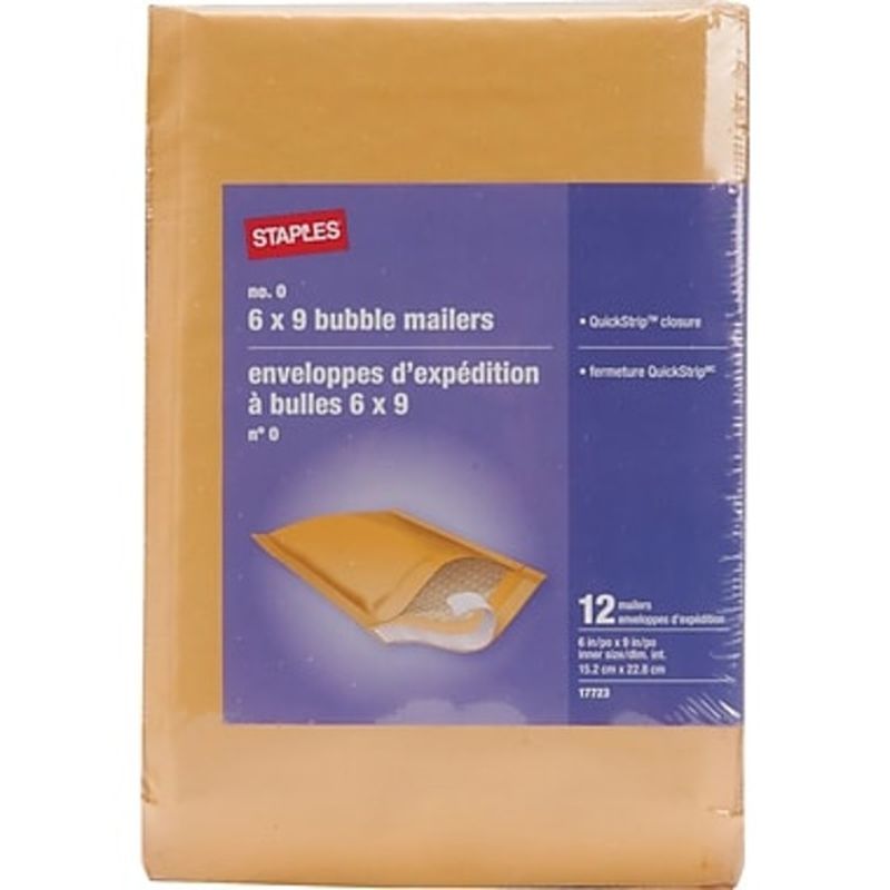 Staples No. 0, 6" x 9" PullTab Strip SelfSealing Bubble Envelope