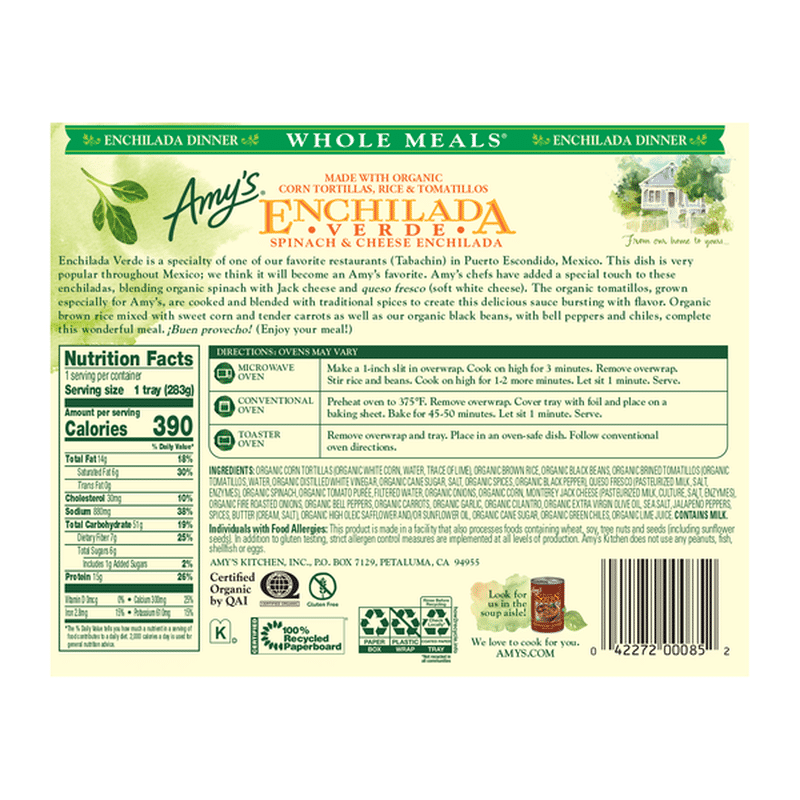 Amy's Frozen Whole Meals, Enchilada Verde, Gluten free, 10 oz. (10 oz