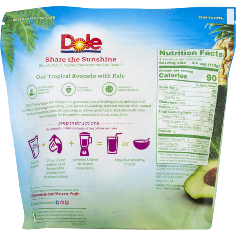 Dole Fruit & Veggie Blends Tropical Avocado with Kale Smoothie Mix (8