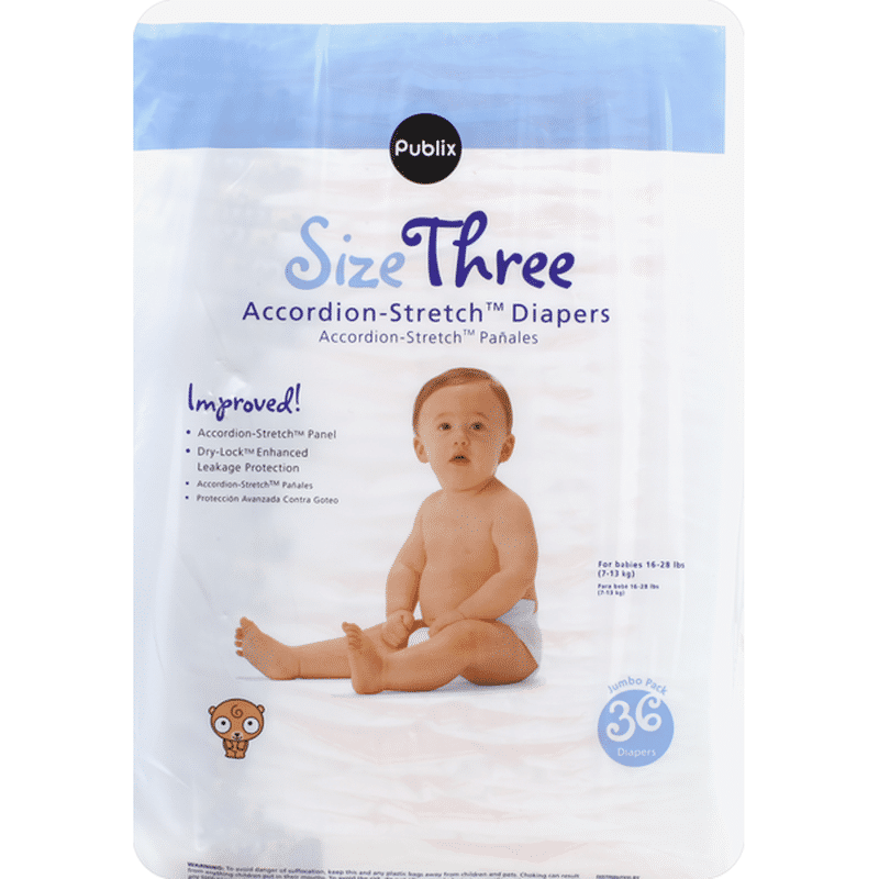 Publix Diapers, AccordionStretch, Size Three (1628 lb), Jumbo Pack