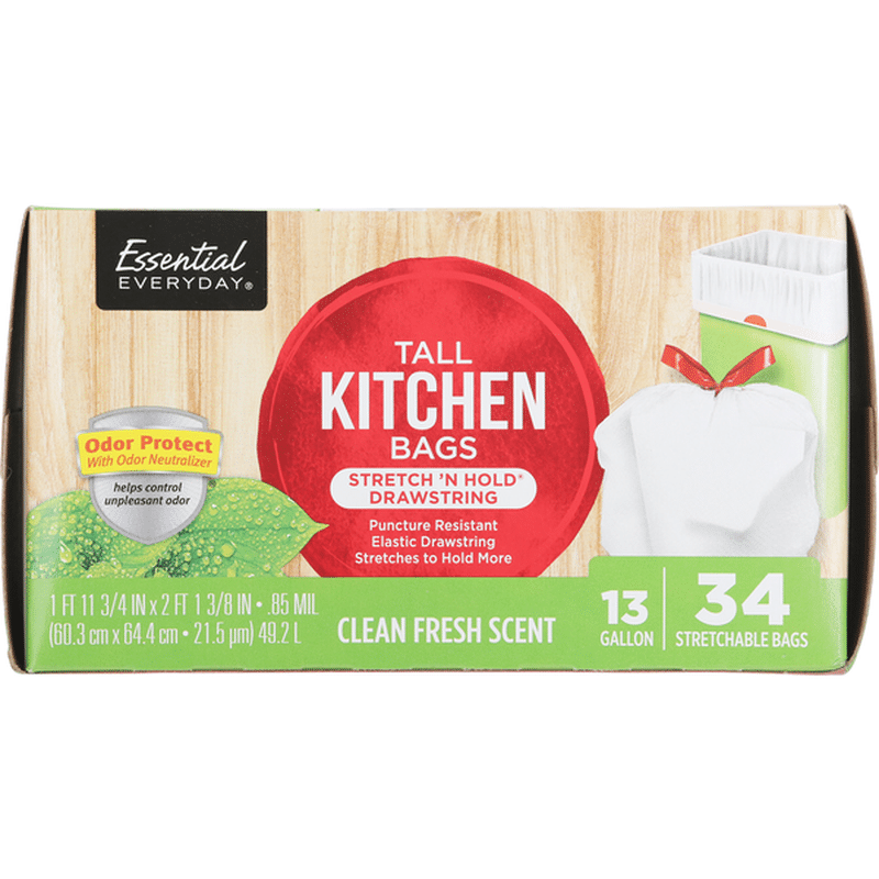 Essential Everyday Tall Kitchen Bags, Stretch 'N Hold Drawstring, Clean