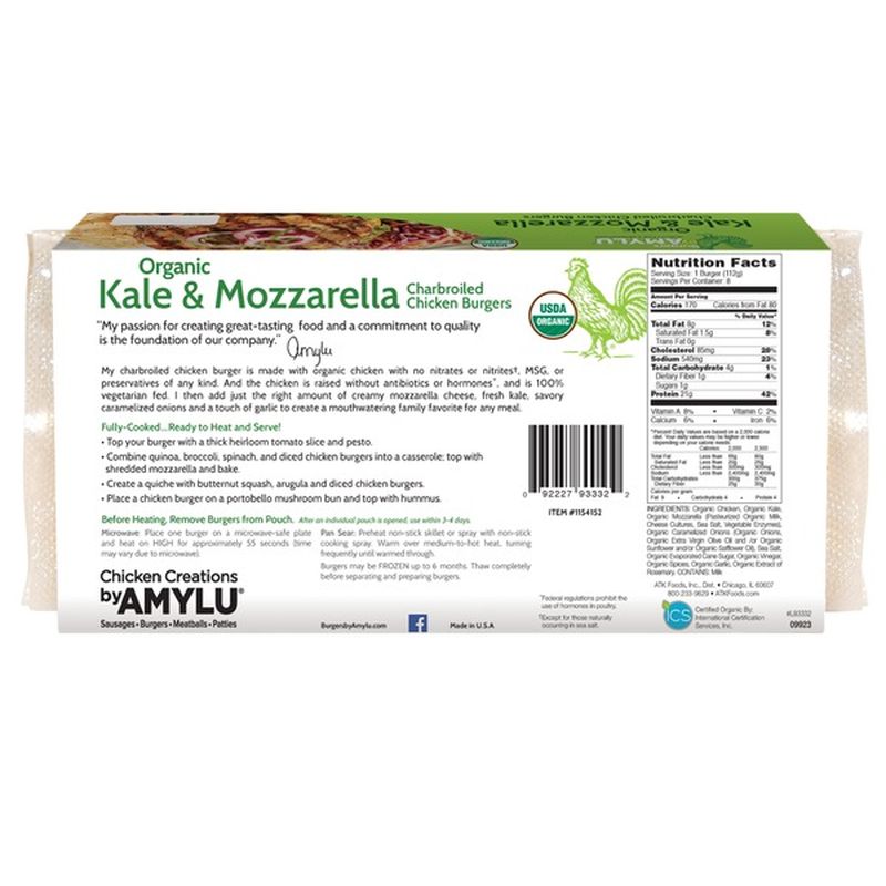 Burgers by Amylu Organic Chicken Kale & Mozzarella Burger (2 lb