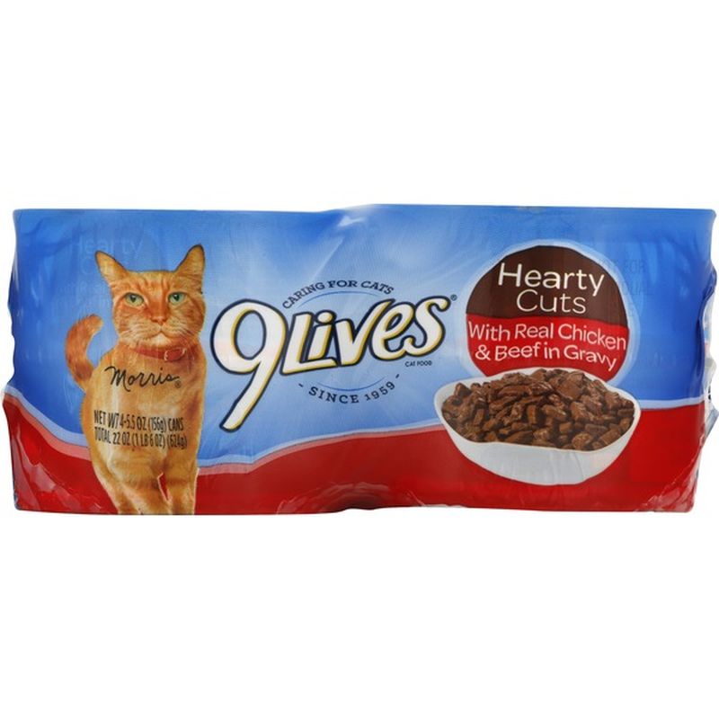 9 Lives Cat Food, with Real Chicken & Beef in Gravy, Hearty Cuts (4