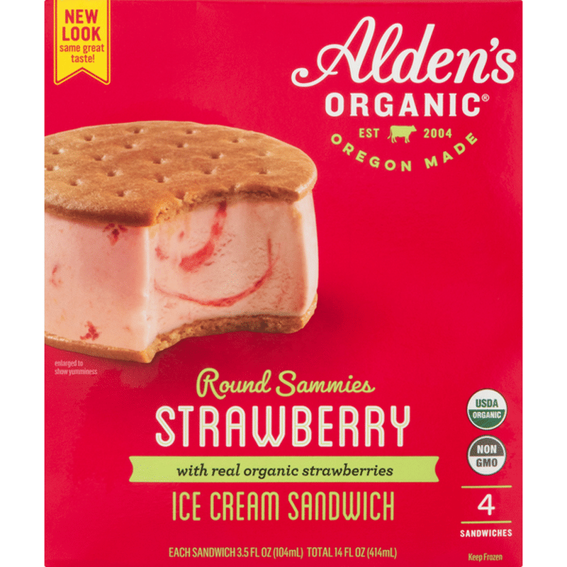 Alden’s Organic Ice Cream Sandwich, Strawberry, Round Sammies (4 each