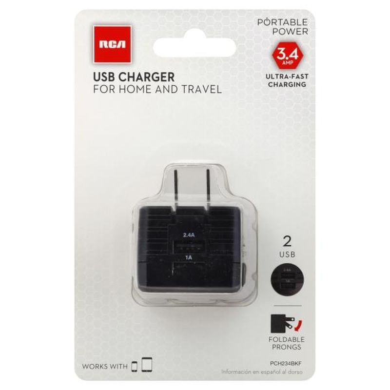 RCA Charger, USB, for Home and Travel, 2 USB