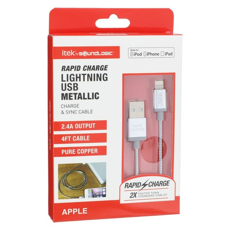 SoundLogic 4' Silver Metallic Lightning Pin to USB Cable