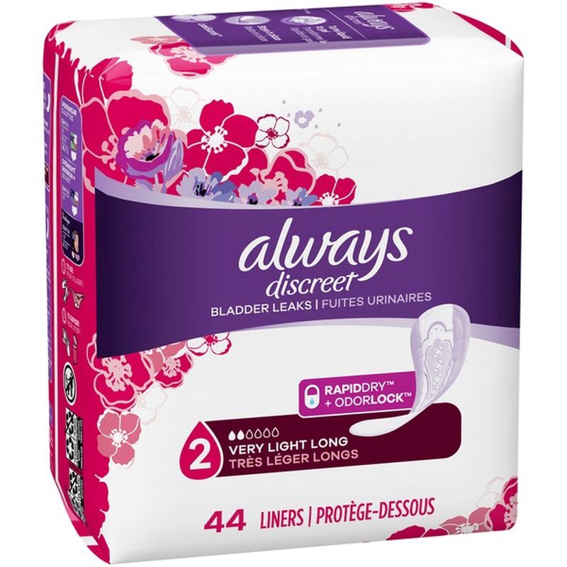 Always Discreet Incontinence Liners, Very Light Absorbency, Long (44 ct ...