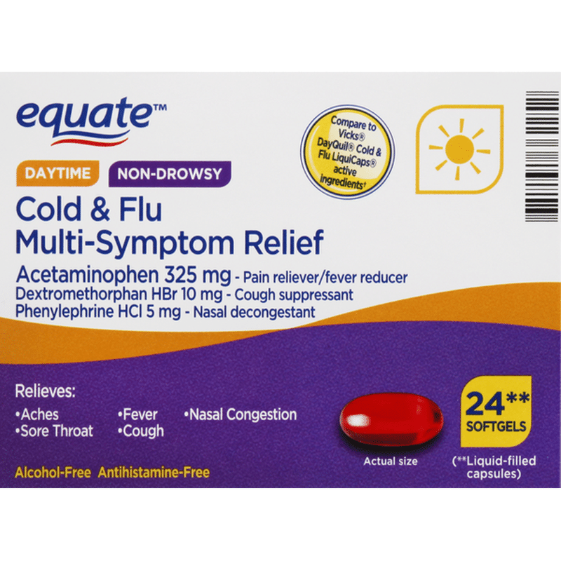 Equate Cold & Flu MultiSymptom Relief, Daytime, NonDrowsy, Softgels (24 each) Instacart